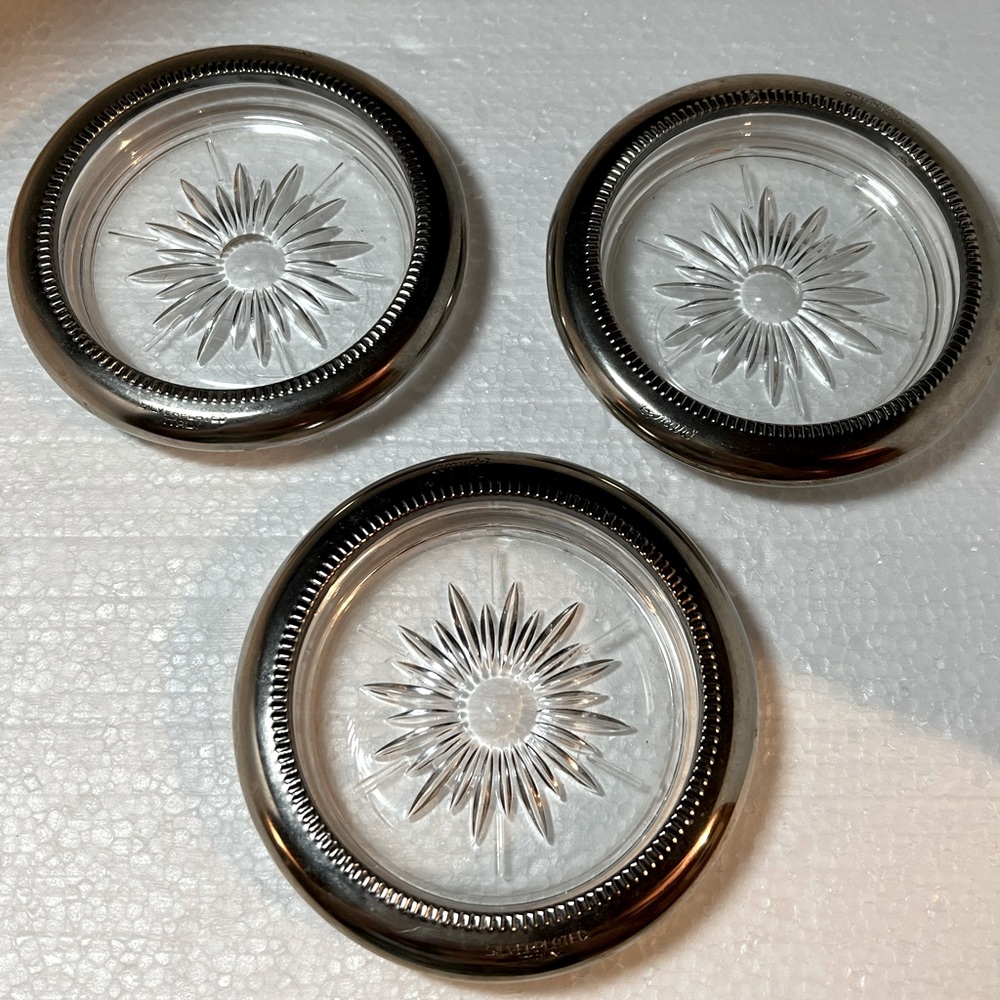 Set of 3 Vintage Leonard Silver Plated Starburst Design Glass Coasters